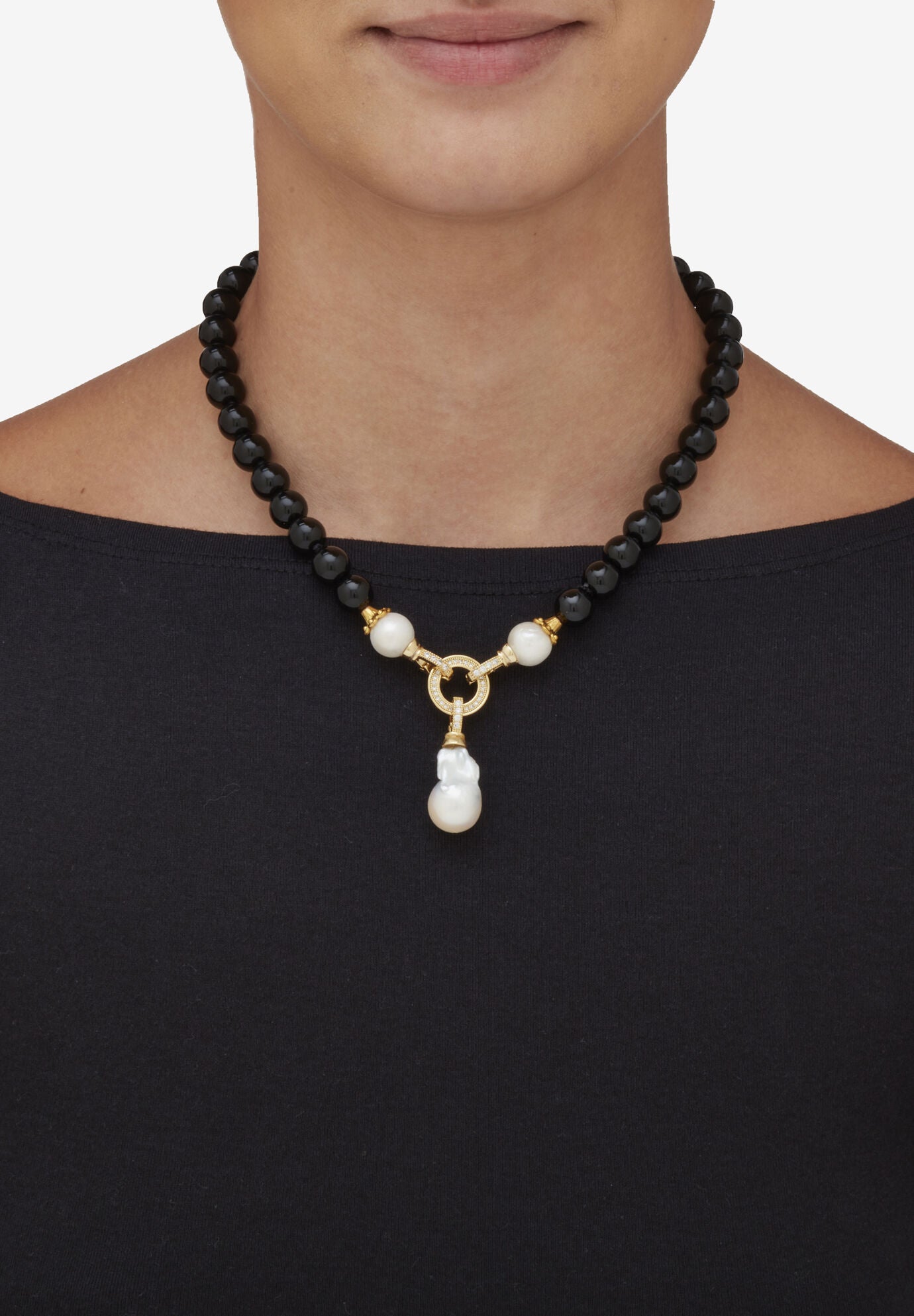 1.72 Cttw. Black Agate & Keshi Pearl Drop Beaded Necklace Gold-Plated 20 inches Length, , alternate image number 3