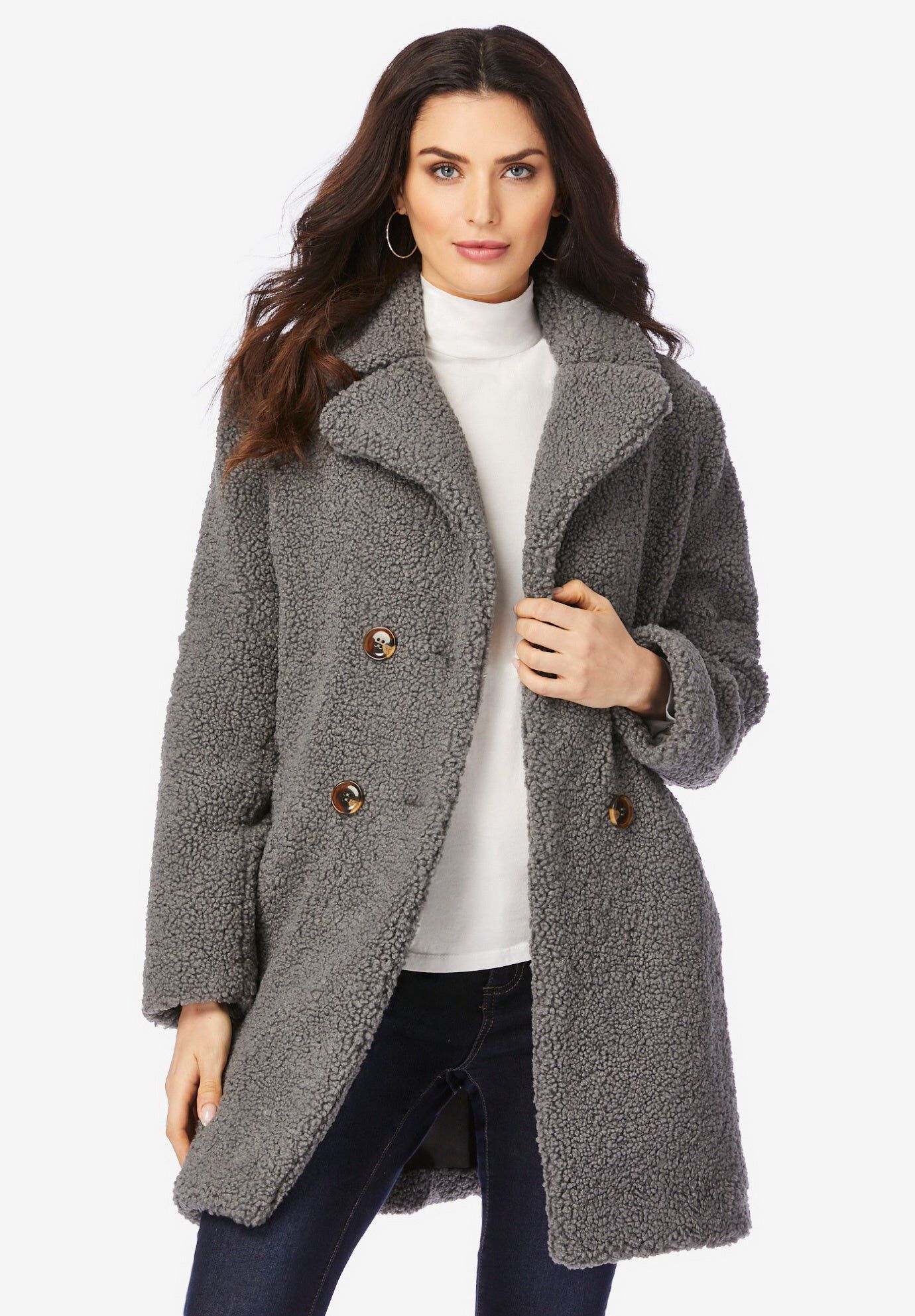 Plus Size Double Breasted Teddy Coat, GUNMETAL, hi-res image number 0