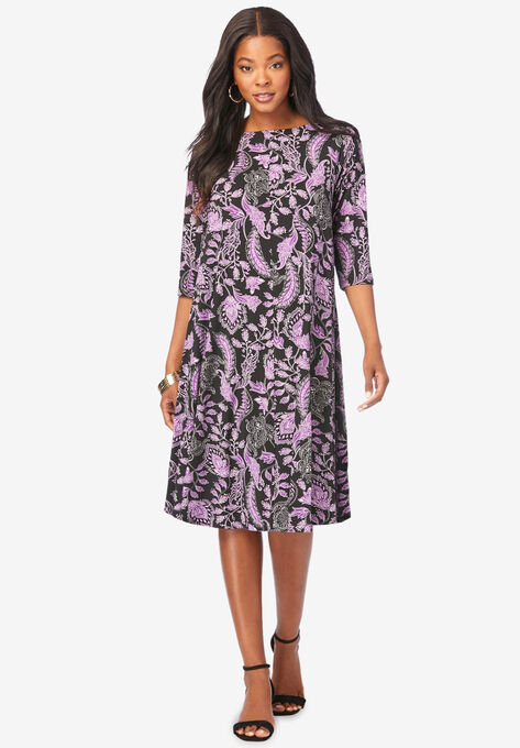 Ultrasmooth® Fabric Boatneck Swing Dress, PURPLE ORCHID FOLK PAISLEY, hi-res image number null