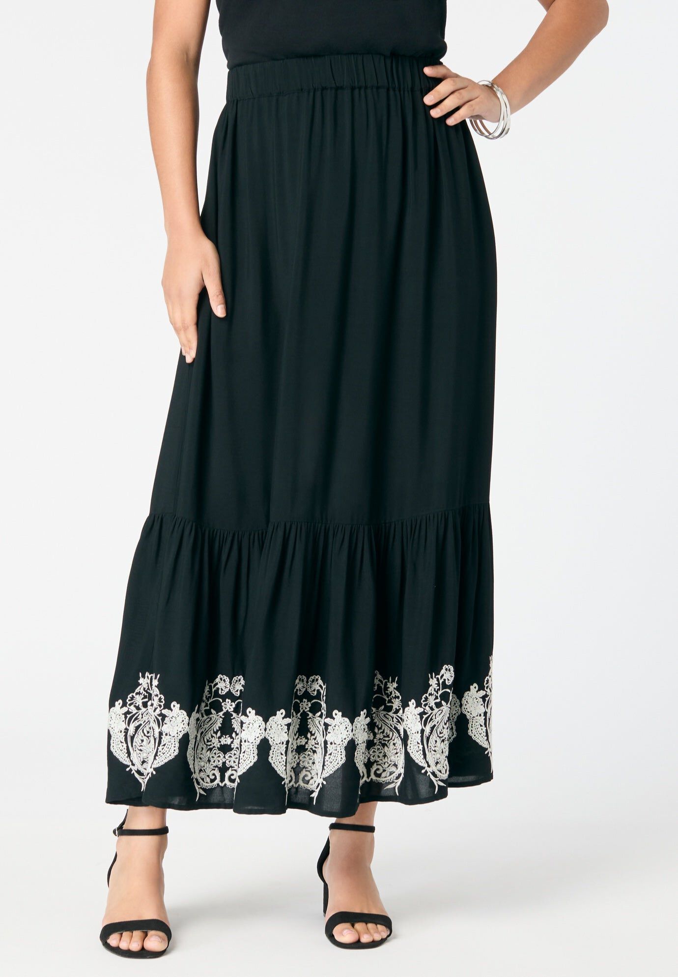 Plus Size Lace-Trim Pull-On Skirt, BLACK, hi-res image number 0