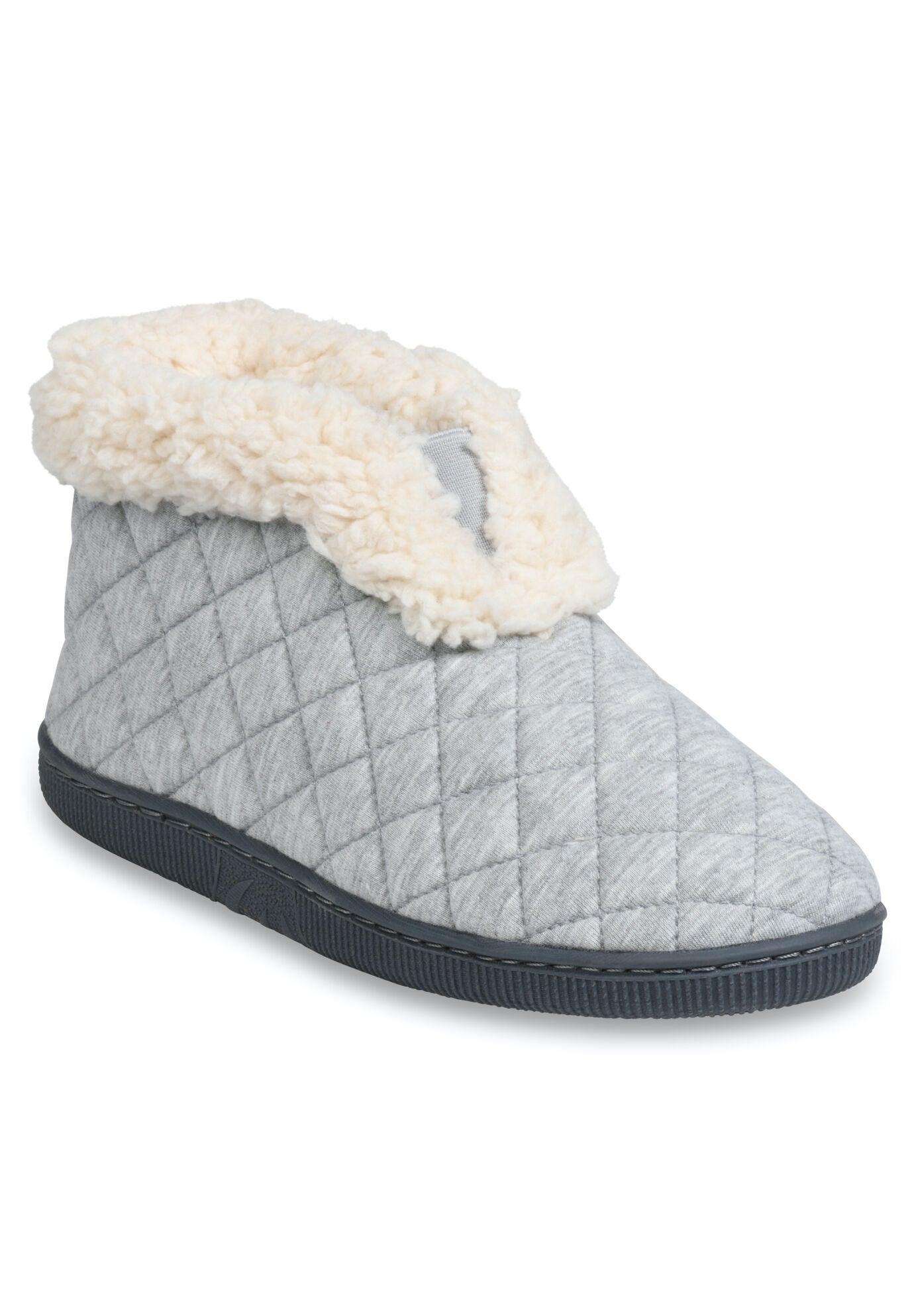 Quilted Jersey Elastic Front Slipper Boot Slippers, GREY, hi-res image number 0