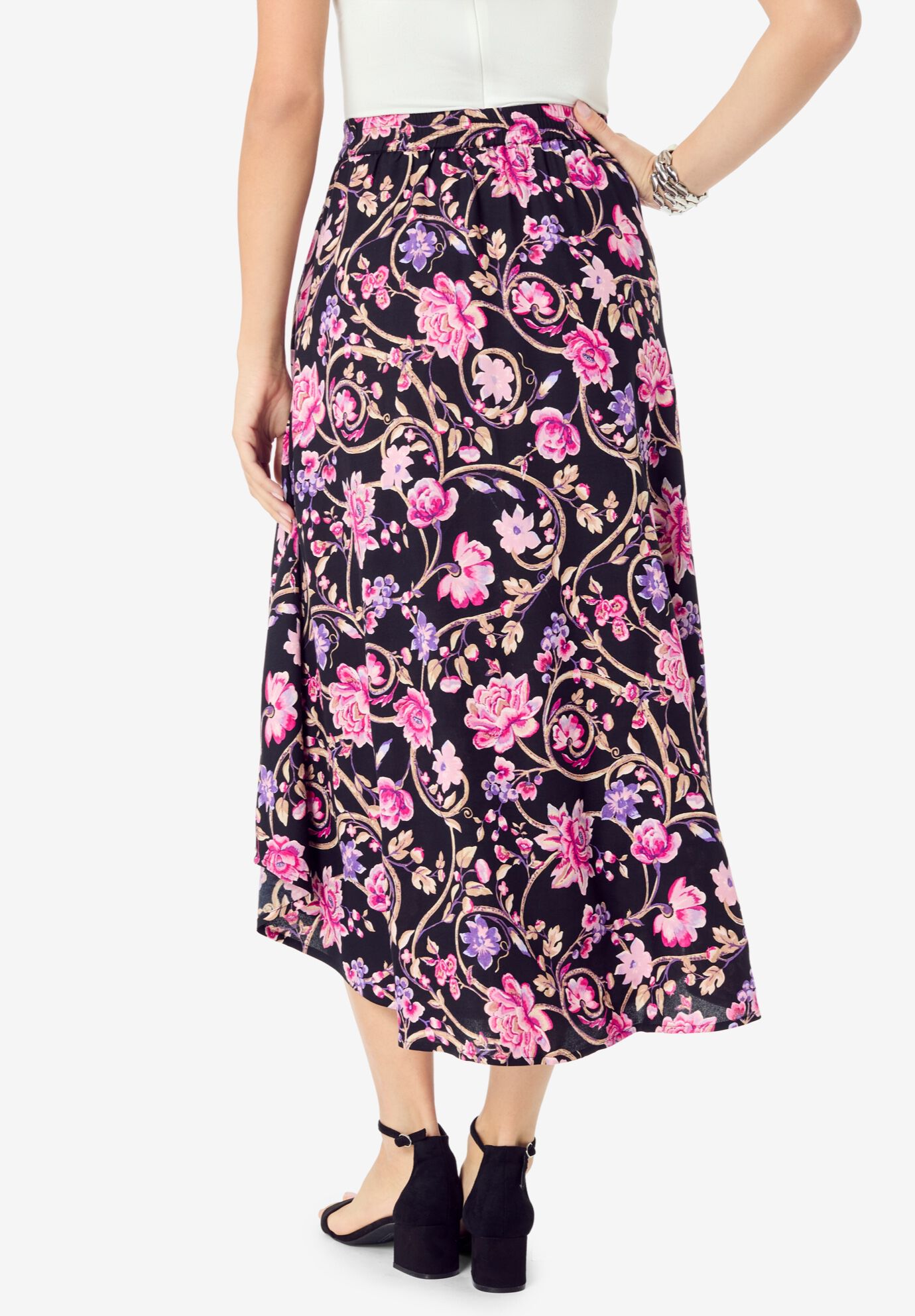 Plus Size Asymmetrical Hem Skirt, BLACK ETERNAL BLOOM, on-hover image number 1