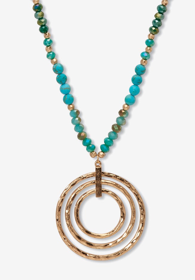 Round Genuine Turquoise Hammered Goldtone Endless Necklace, 30 Inches, BLUE, hi-res image number null