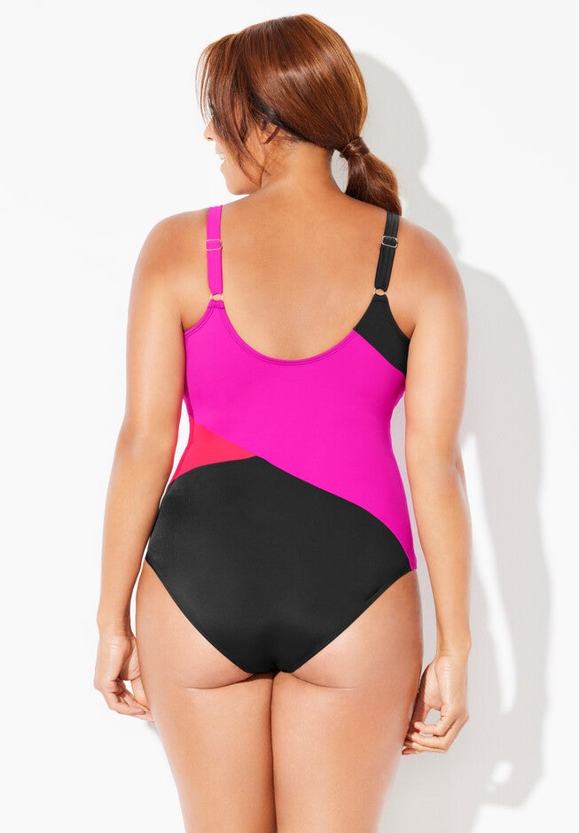 Zip Front Color Block Chlorine Resistant One-Piece Swimsuit, , on-hover image number 1