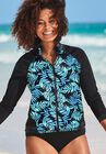 Chlorine Resistant Zip Front Long Sleeve Swim Shirt, BLUE GREEN PALM, hi-res image number 0