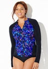 Chlorine Resistant Zip Front Long Sleeve Swim Shirt, MULTI MIDNIGHT ABSTRACT, hi-res image number null