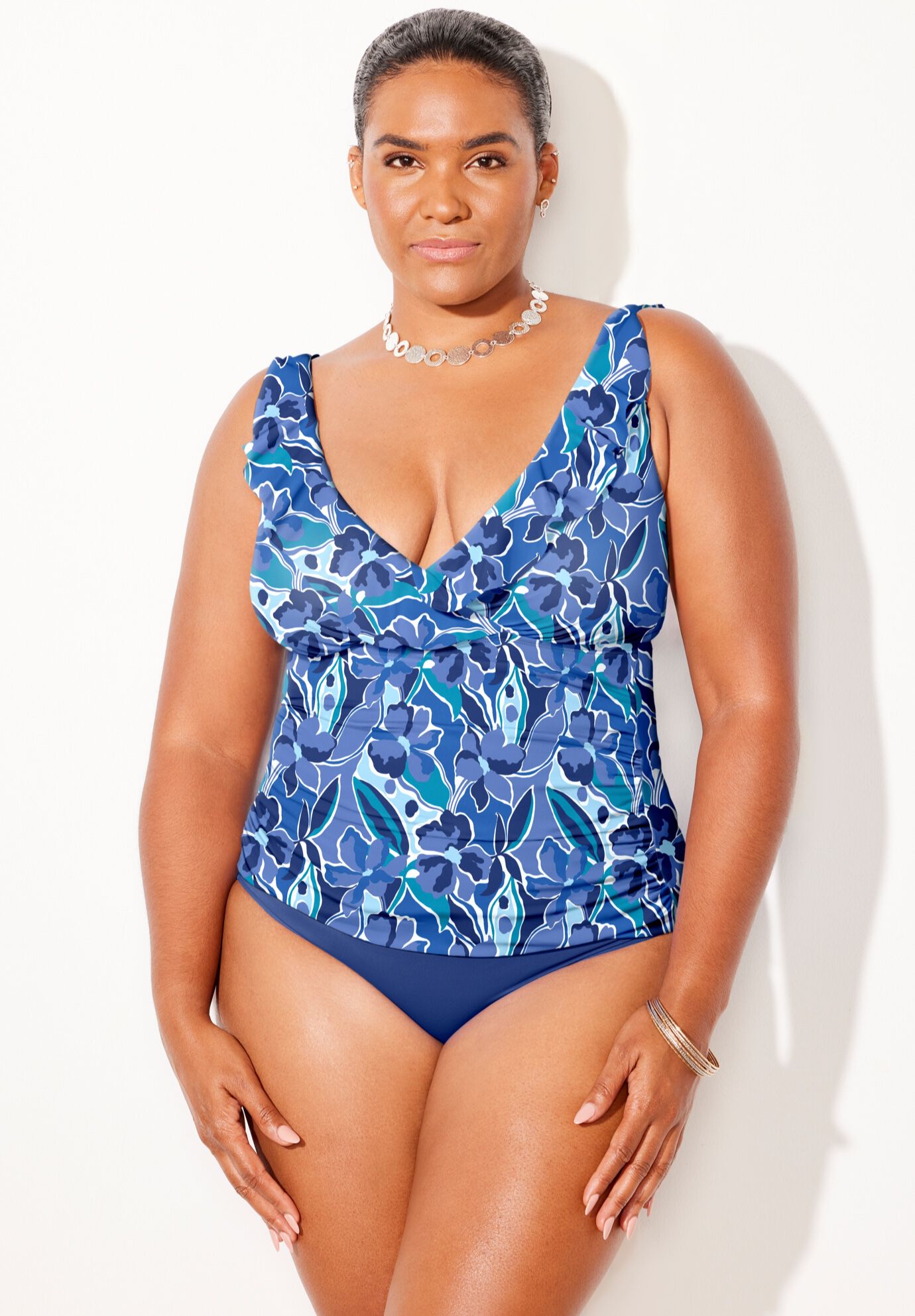 Ruffle V-Neck Tankini Set With Full Coverage Swim Brief, , alternate image number null