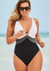Colorblock V-Neck One Piece Swimsuit, , alternate image number null