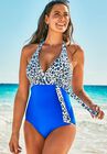 Faux Wrap Halter One Piece Swimsuit, BLUE ANIMAL, hi-res image number null