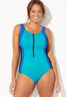 Chlorine Resistant Zip Front One Piece Swimsuit, , alternate image number 2