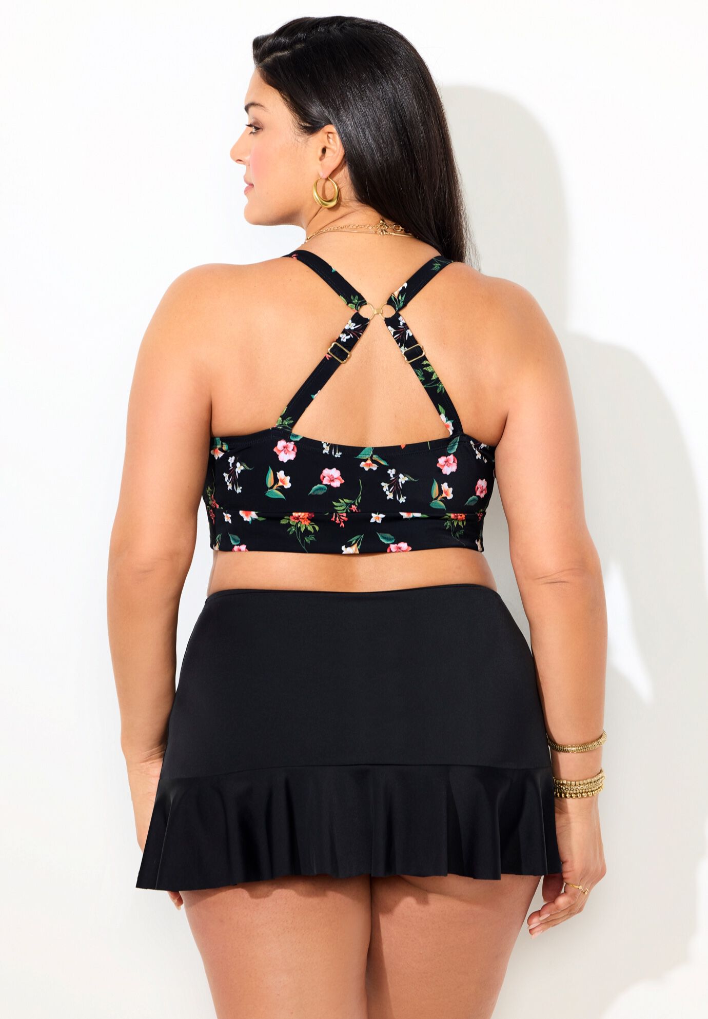 Bra Sized Tie Front Longline Underwire Bikini Set With Ruffle Skirt, , alternate image number null