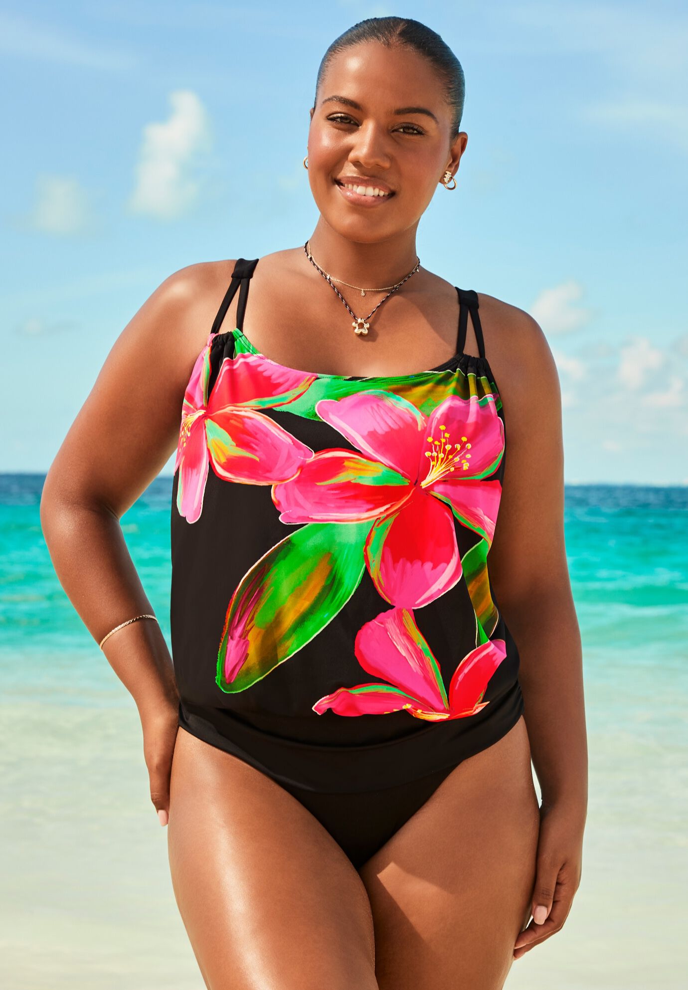 Loop Strap Blouson Tankini Set With Full Coverage Swim Brief, , hi-res image number null