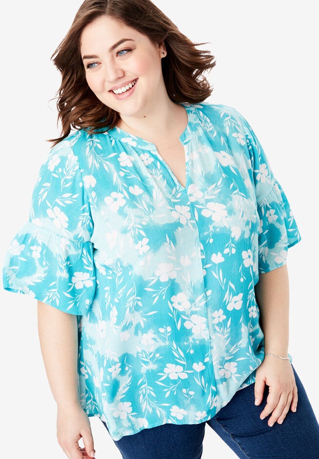Gauze Bell Sleeve Blouse, TURQ DELICATE FLORAL, hi-res image number null