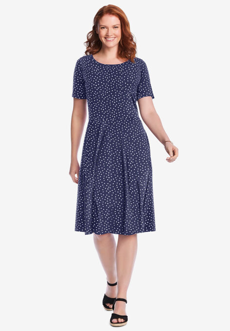 Short Sleeve Fit & Flare Dress, , on-hover image number null