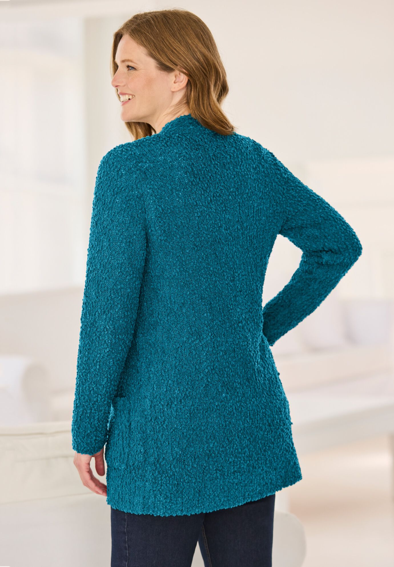 Cozy Boucle Cardigan Sweater, DEEP TEAL, on-hover image number 1