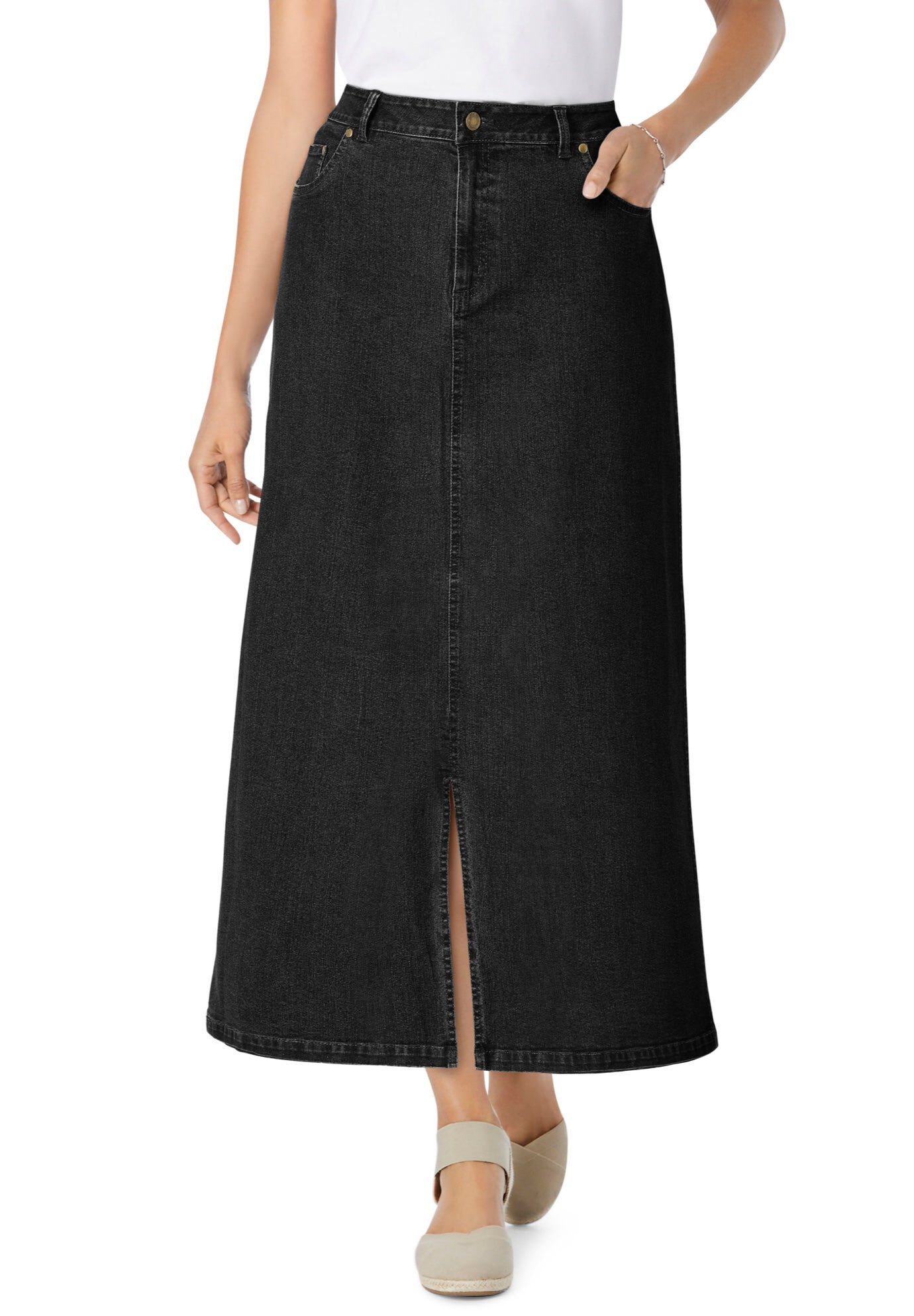 Stretch Denim Front-Slit Skirt, BLACK DENIM, hi-res image number 0