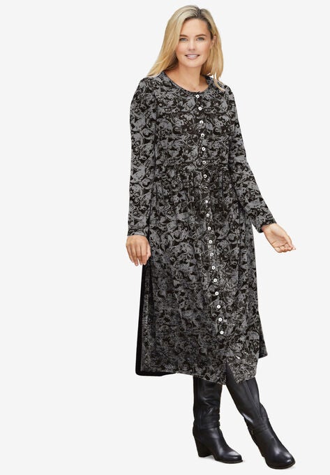 21-Button Velour Dress, BLACK FLORAL PAISLEY, hi-res image number null