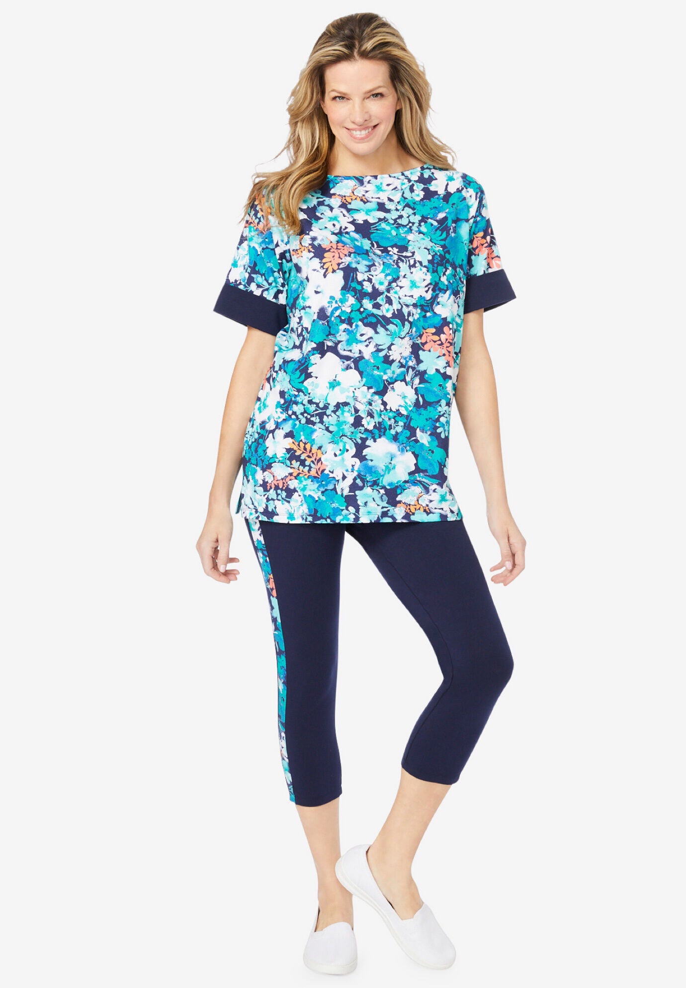 Tunic and Side-Stripe Capri Legging Set, NAVY FLORAL, hi-res image number 0