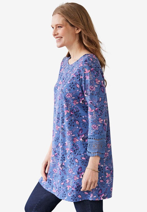 Crochet-Trim Three-Quarter Sleeve Tunic, , alternate image number null
