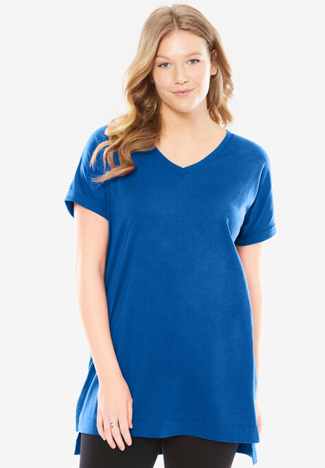Longer Length Cuffed V-Neck Tunic, BRIGHT COBALT, hi-res image number null