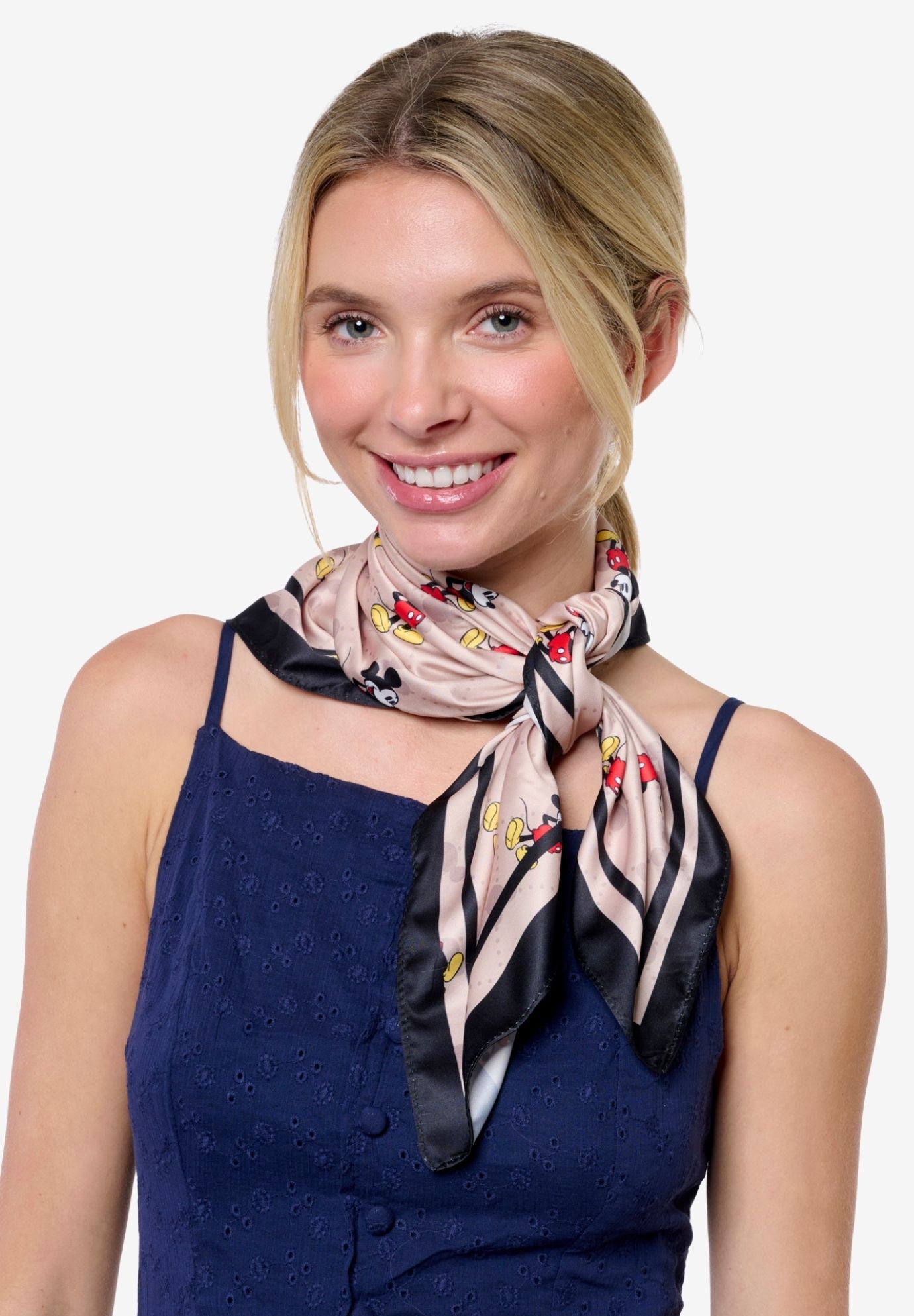 Disney Mickey Mouse Silky Scarf 27 inches x 27 inches Tan Icon Print Square Neck Tie, BLACK, alternate image number 4