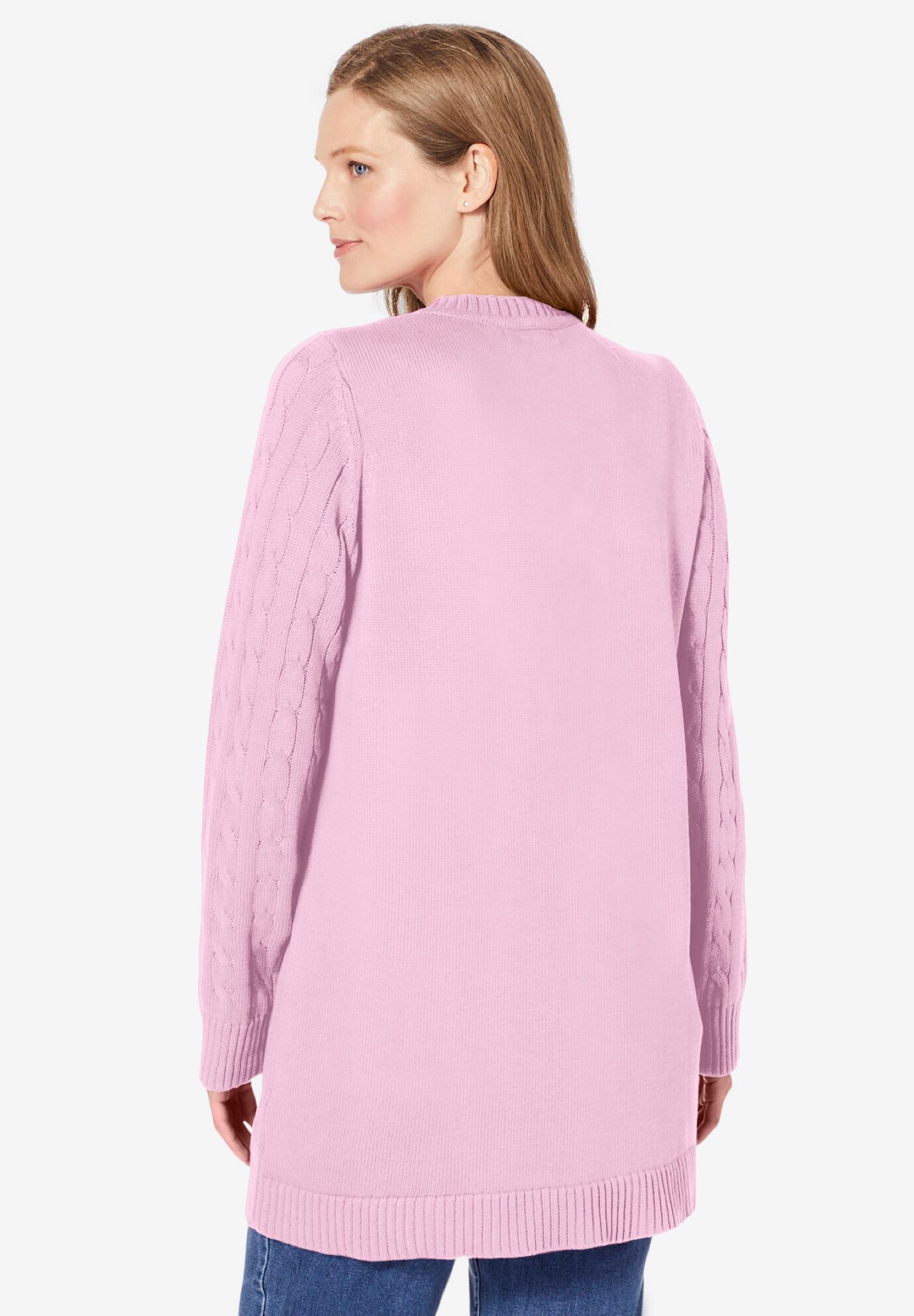 Cotton Cable Knit Cardigan Sweater, PINK, on-hover image number 1