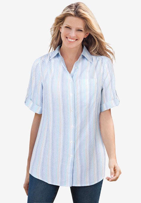 Short Sleeve Button Down Seersucker Shirt, ROYAL NAVY RAINBOW STRIPE, hi-res image number null