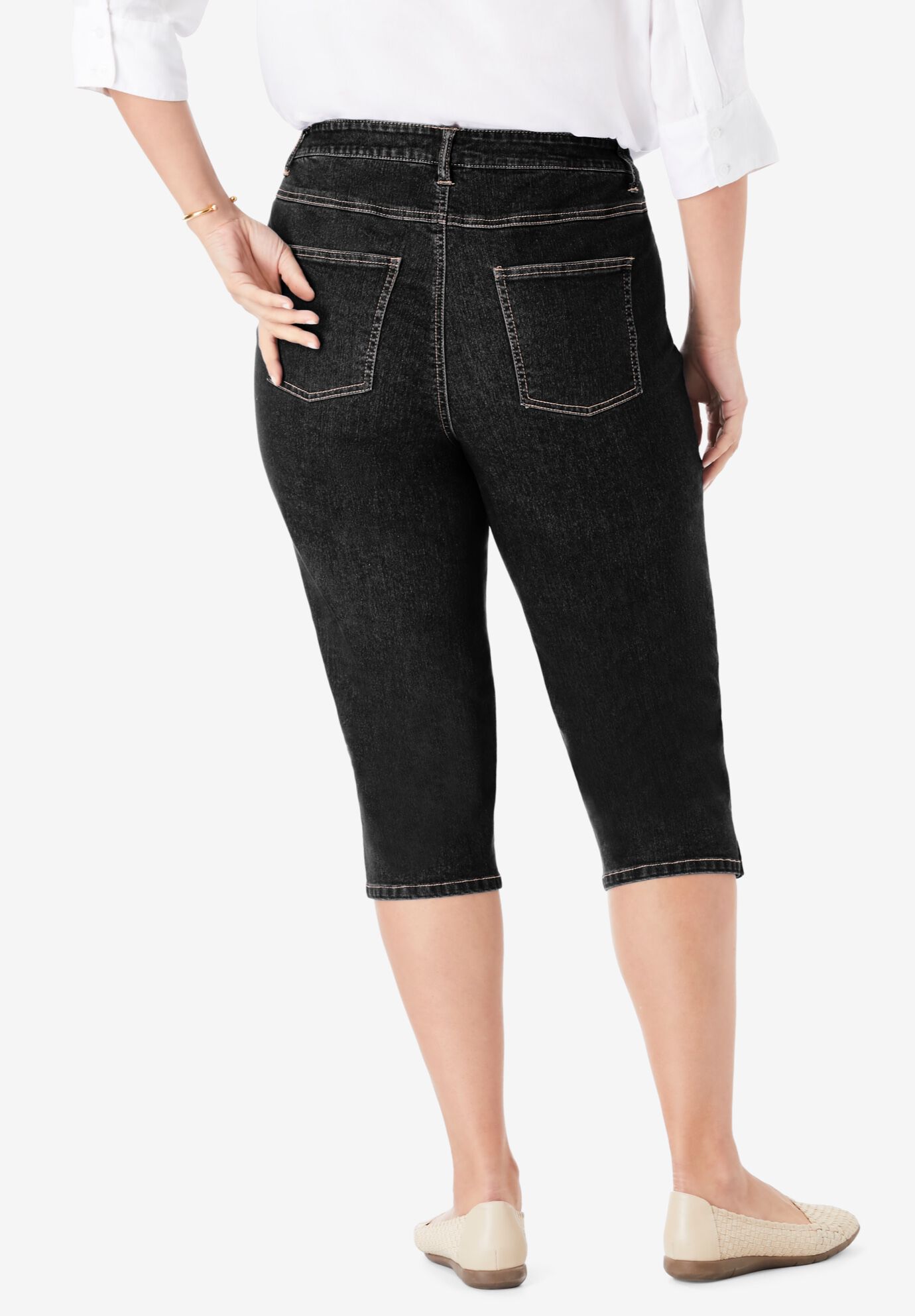 Stretch Denim Five-Pocket Capri Jeans, BLACK DENIM, on-hover image number 1