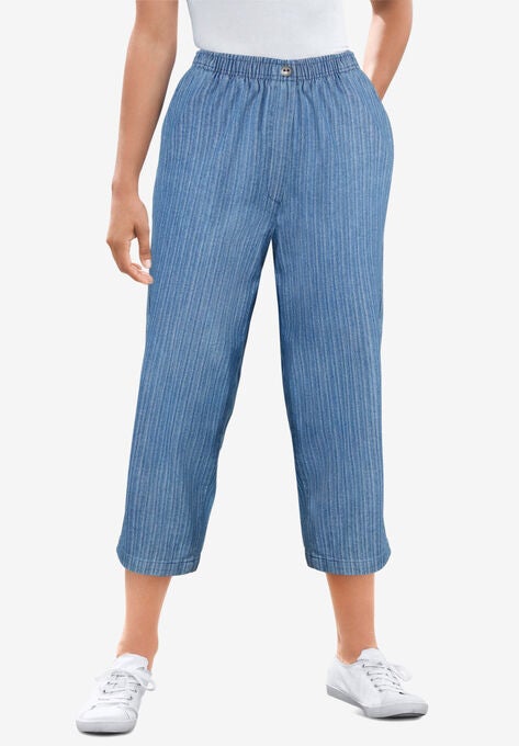 Elastic-Waist Cotton Capri, MEDIUM STONEWASH STRIPE, hi-res image number null