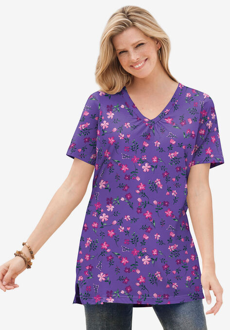 Perfect Printed Short-Sleeve Shirred V-Neck Tunic, PETAL PURPLE PRETTY FLORAL, hi-res image number null