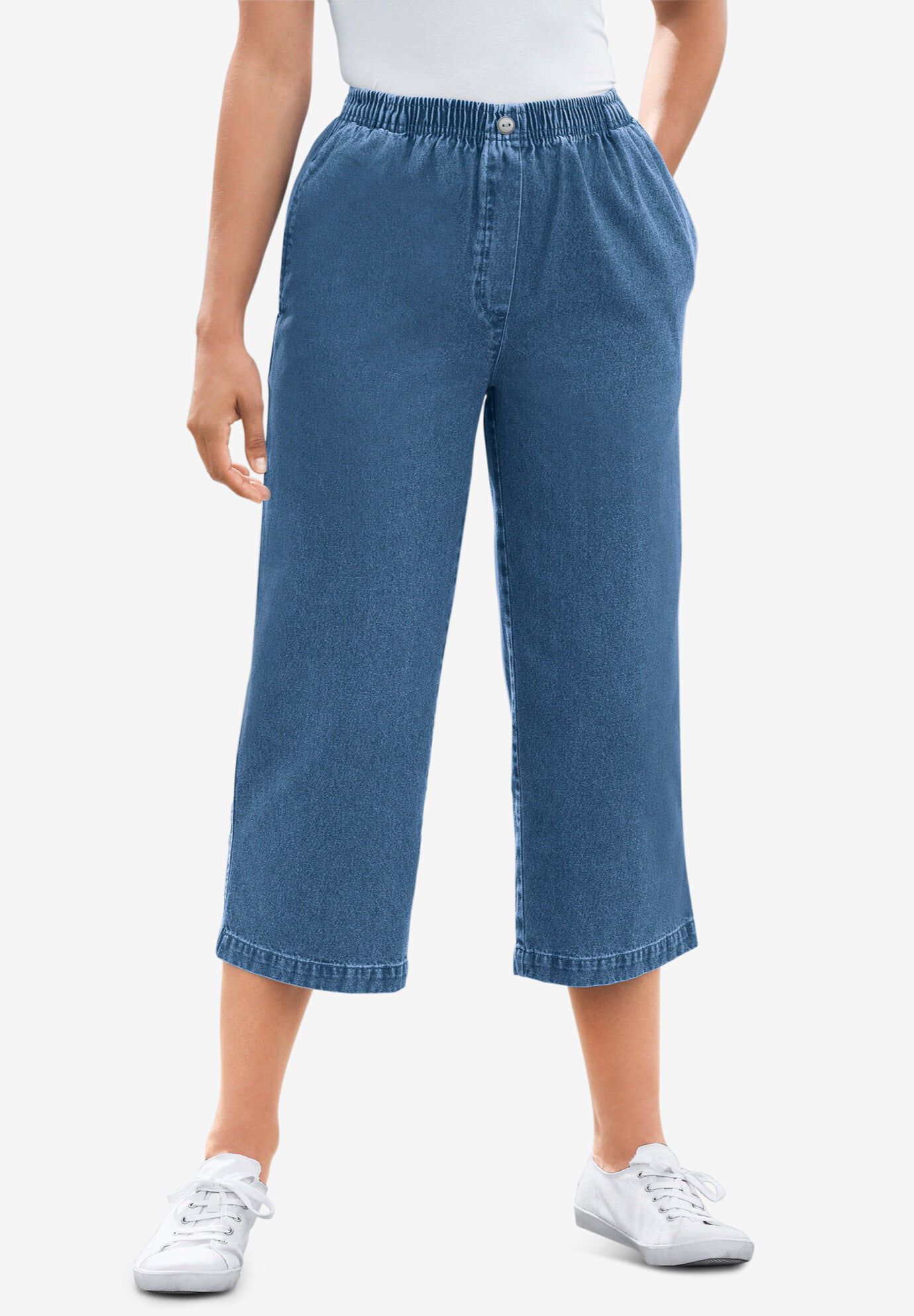 7-Day Elastic-Waist Pull-On Cotton Denim Capri Jeans | OneStopPlus