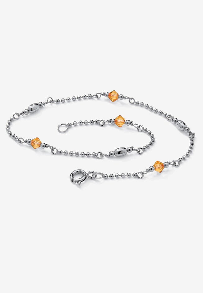 Platinum Plated Silver Ankle Bracelet (2Mm), Round Simulated Birthstone 11 Inches, NOVEMBER, hi-res image number 0