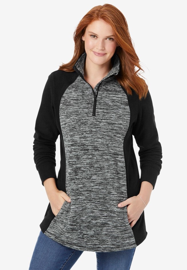 Microfleece Quarter Zip Pullover With Colorblocking, BLACK MARLED, hi-res image number null