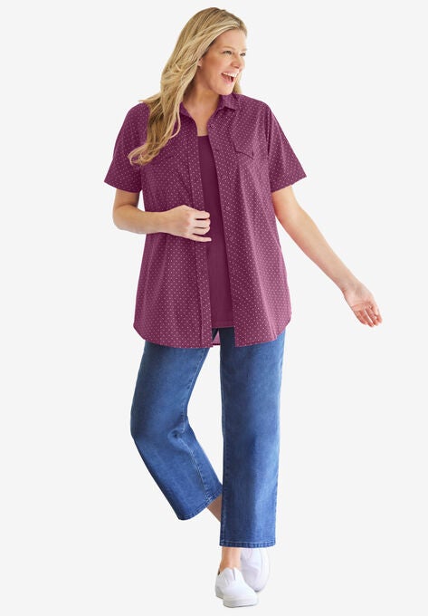 Short-sleeve Cotton Campshirt, DEEP CLARET MINI DOT, hi-res image number null