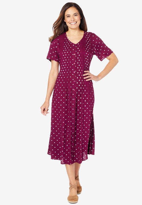 Short-Sleeve Button-Front Dress, DEEP CLARET POLKA DOT, hi-res image number null