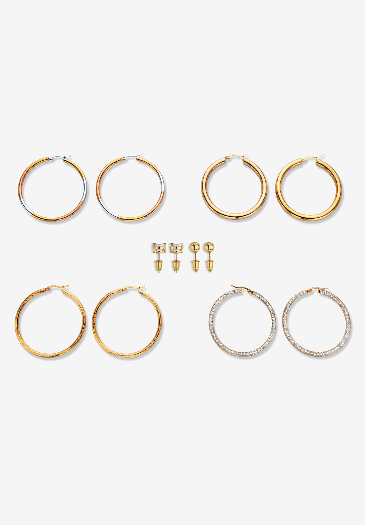 Tri Tone Gold Ion Plated Stainless Hoop & Cz Stud Earring Set (50Mm) (4 Cttw) Jewelry, , on-hover image number 1