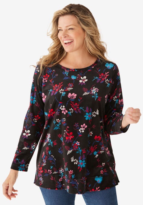 Plush Velour Tunic Sweatshirt, BLACK DELIGHTFUL FLORAL, hi-res image number null