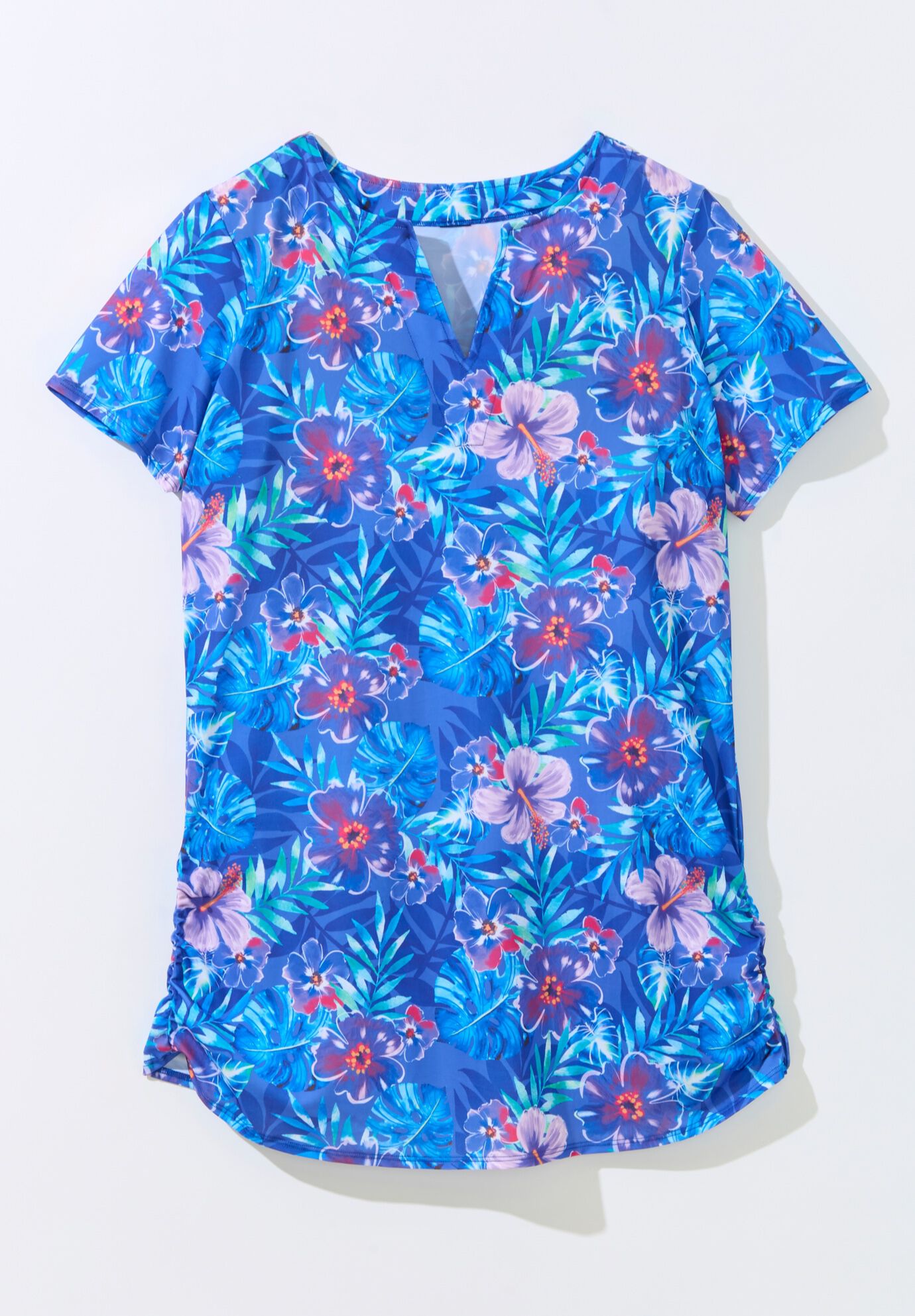 Split-Neck Short Sleeve Swim Tee with Built-In Bra, ELECTRIC IRIS HIBISCUS, alternate image number 2