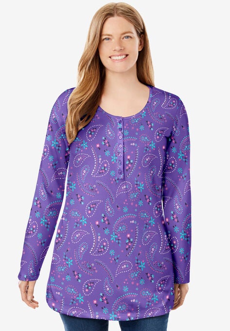 Perfect Printed Long-Sleeve Henley Tee, PETAL PURPLE FLORAL PAISLEY, hi-res image number null