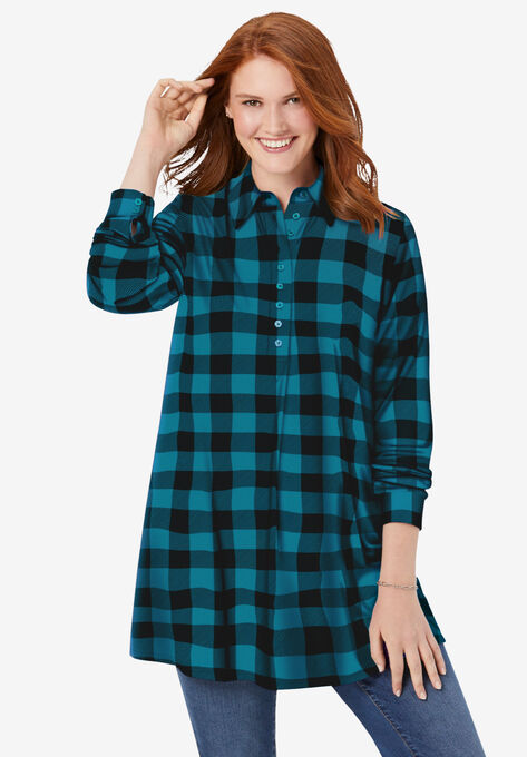 Plaid Knit Tunic With Collar, DEEP TEAL PLAID, hi-res image number null