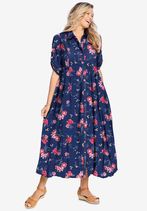 Three-Quarter Sleeve Crinkle Shirtdress, EVENING BLUE WILD FLORAL, hi-res image number null