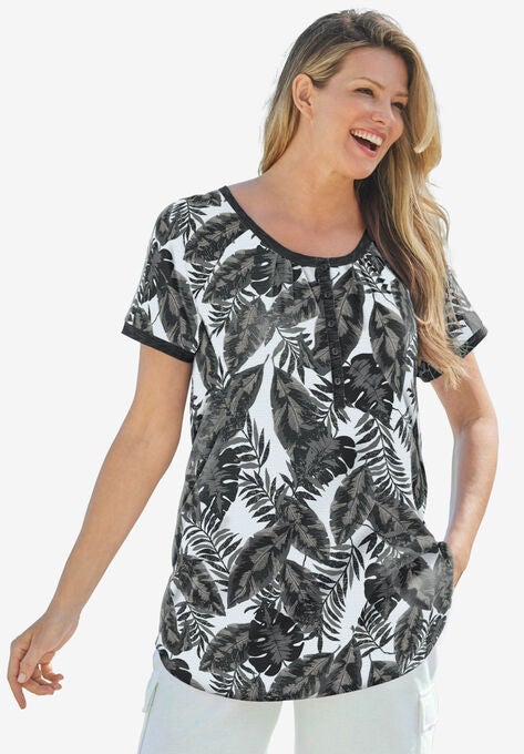Banana leaf print Henley shirt in soft knit, BLACK TROPICAL, hi-res image number null