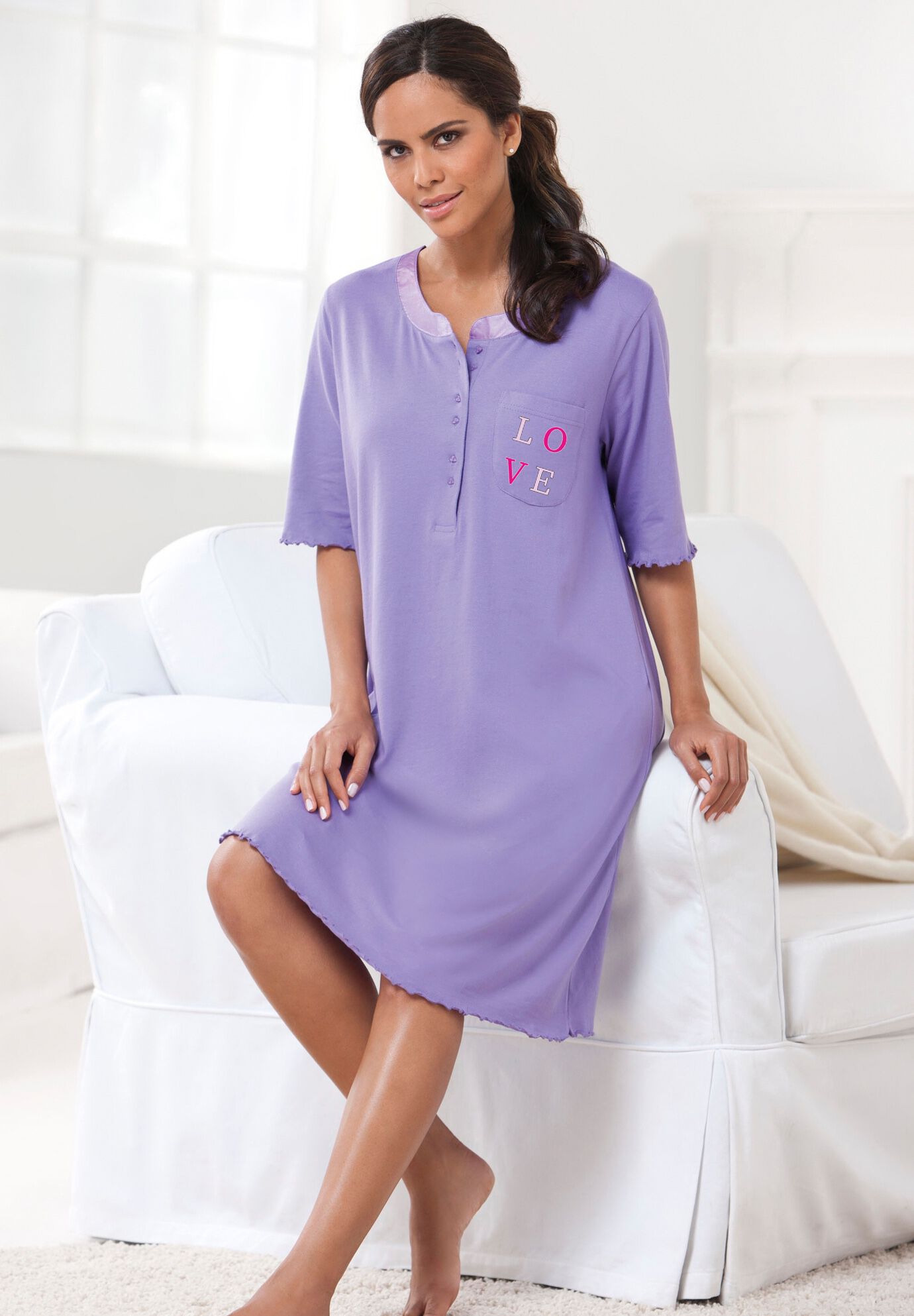 Satin Trim Cotton Sleepshirt, SOFT IRIS LOVE, alternate image number 2