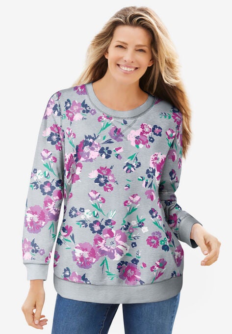 French Terry Sweatshirt, HEATHER GREY FLORAL BLOOM, hi-res image number null
