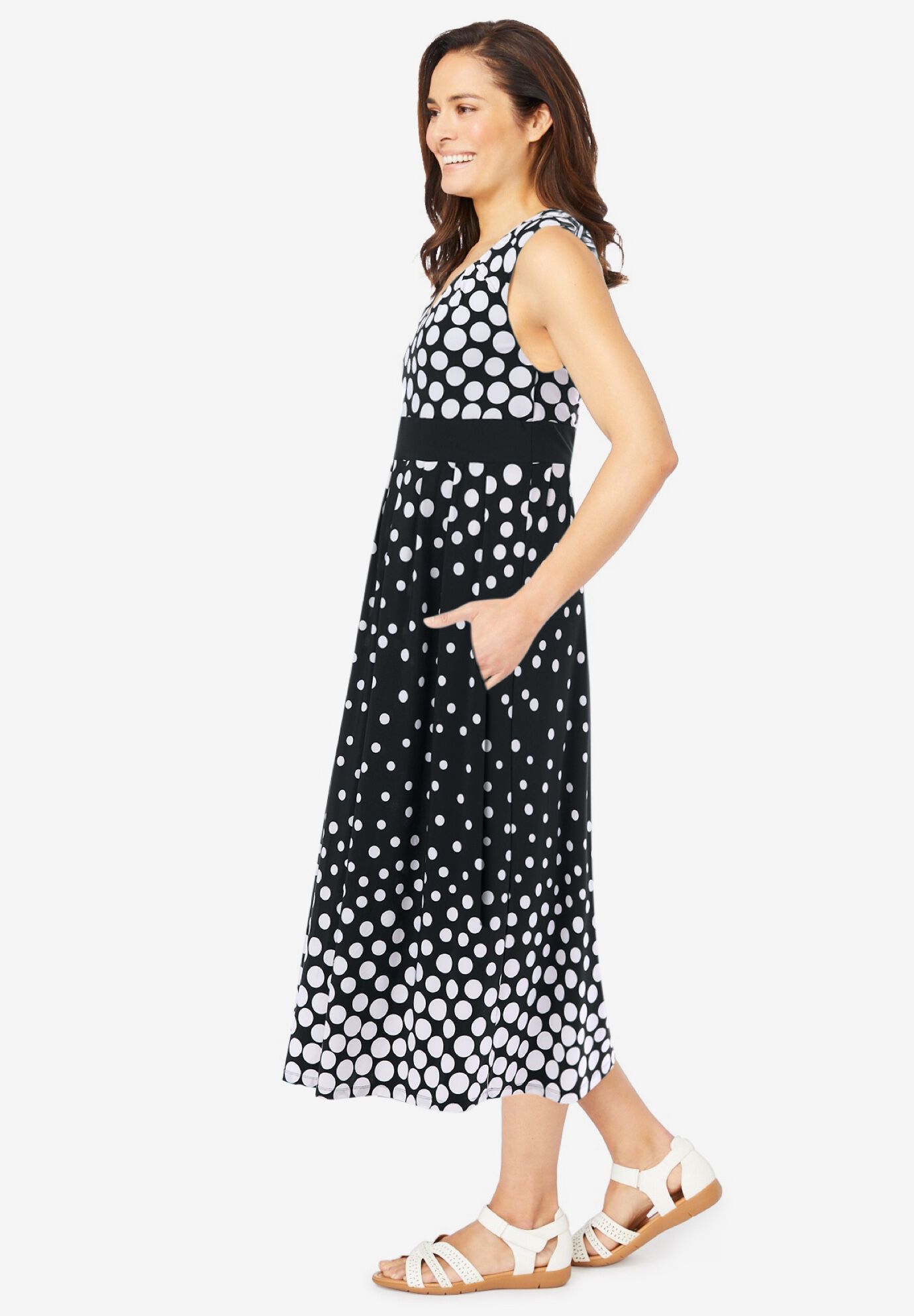Banded-Waist Print Maxi Dress, BLACK OMBRE DOT, alternate image number 2