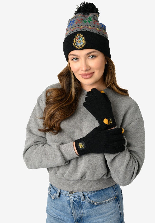 Harry Potter Beanie Hat With Gloves Touch Screen Knit Hogwarts Set, GRAY, hi-res image number null