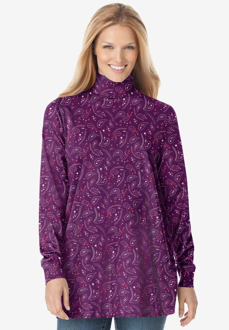 Perfect Printed Long-Sleeve Turtleneck Tee, PLUM PURPLE FLORAL PAISLEY, hi-res image number null