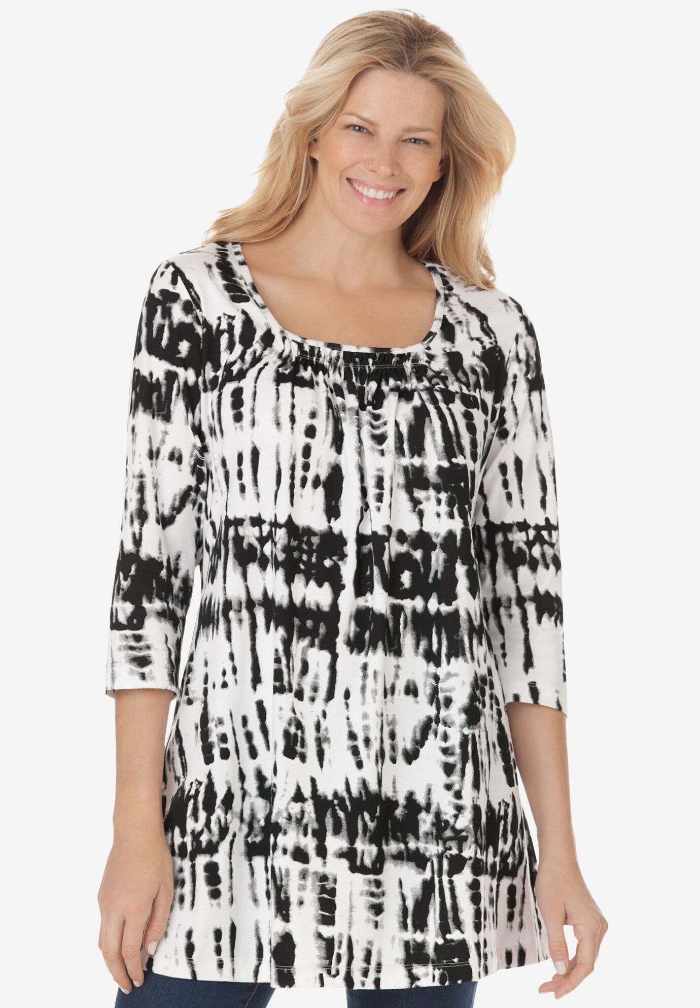 Tie-Dye Smocked Square-Neck Tunic, BLACK TIE DYE, hi-res image number 0