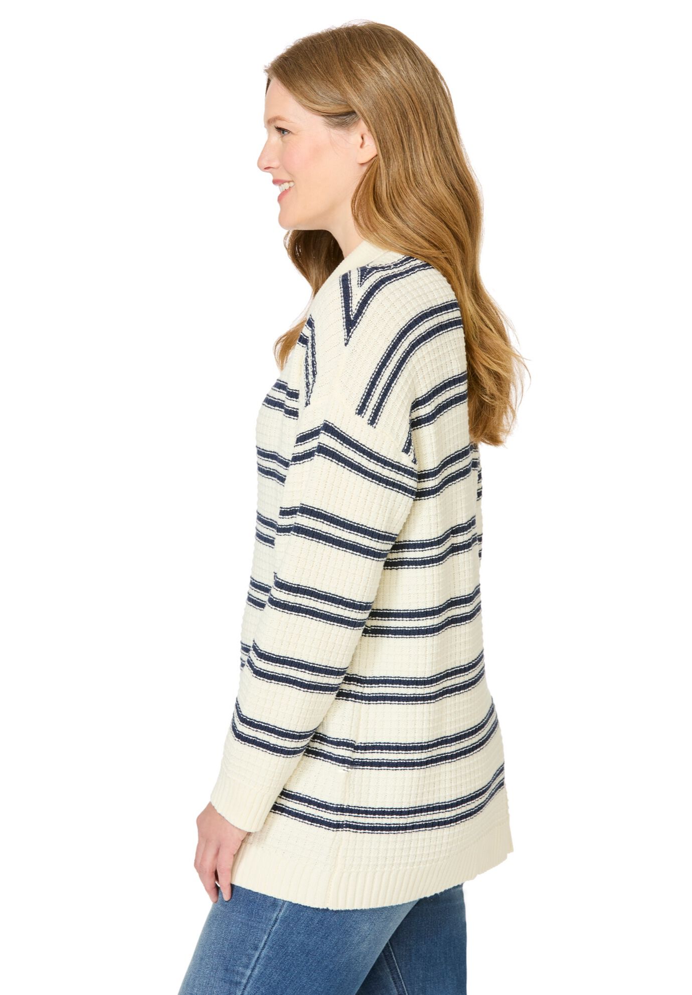 Waffle Polo Sweater, IVORY NAVY STRIPE, alternate image number 2