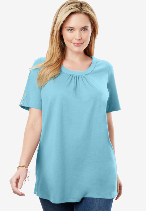 Perfect Button-Sleeve Shirred Scoop-Neck Tee, SEAMIST BLUE, hi-res image number null